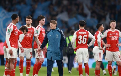 Arsenal manager Mikel Arteta looking dejected on the touchline during a cup match