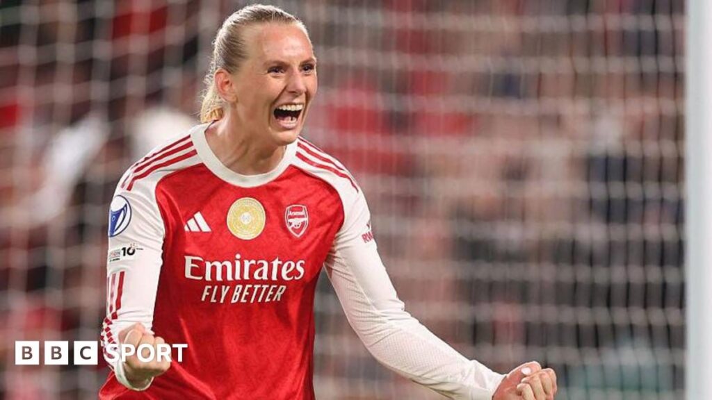 Arsenal Women's players celebrating on the pitch after reaching the Champions League semi-finals