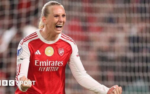 Arsenal Women's players celebrating on the pitch after reaching the Champions League semi-finals