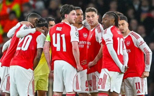 Split screen showing Arsenal and Bayern Munich players celebrating in the Champions League