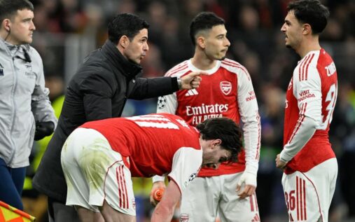 Arsenal manager Mikel Arteta looking concerned on the touchline during a Champions League match