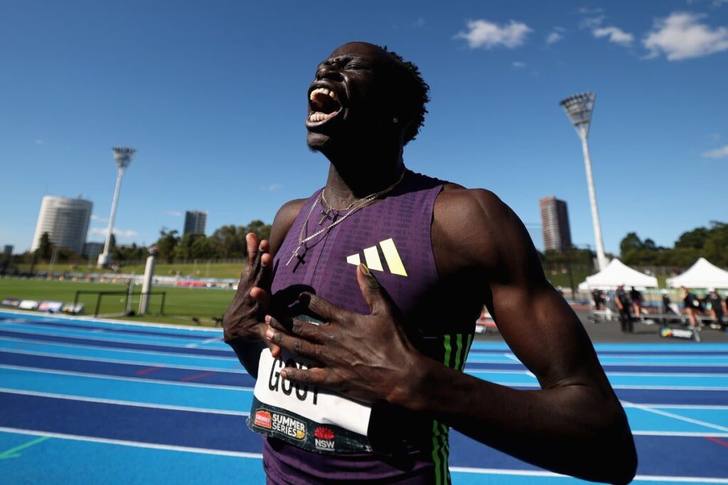 Australian sprinter Gout Gout celebrating his 200m victory and under-20 world record at the national championships in Sydney