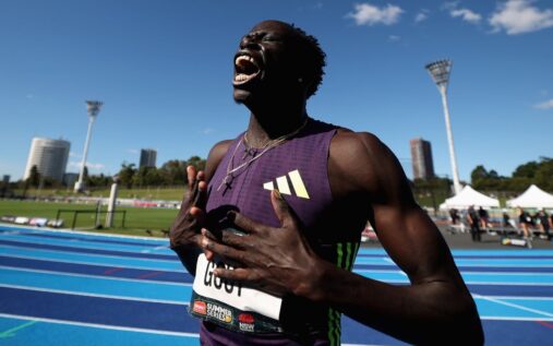 Australian sprinter Gout Gout celebrating his 200m victory and under-20 world record at the national championships in Sydney