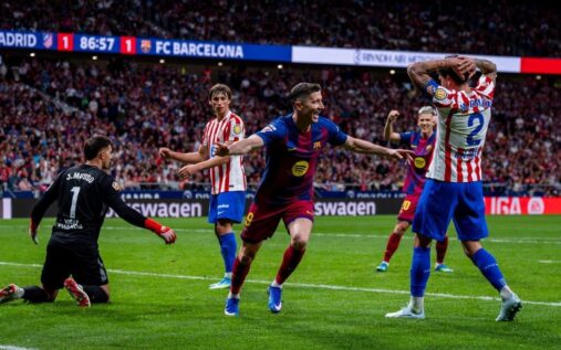 Barcelona players celebrating a goal against Atletico Madrid in LaLiga