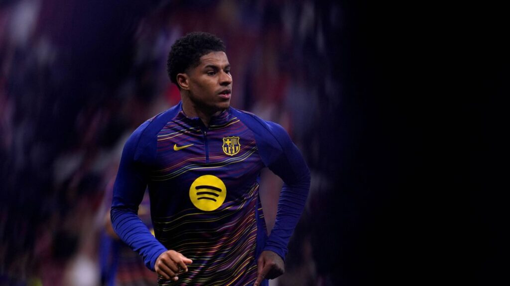 Marcus Rashford looks dejected while playing for Barcelona in a Champions League match