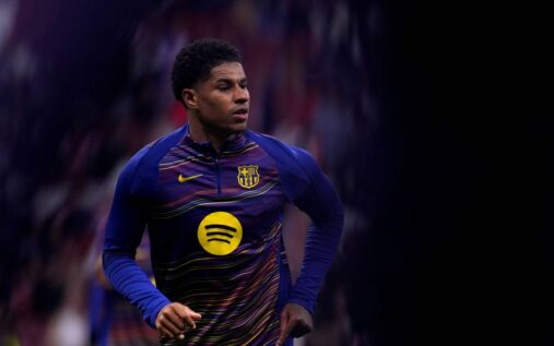 Marcus Rashford looks dejected while playing for Barcelona in a Champions League match