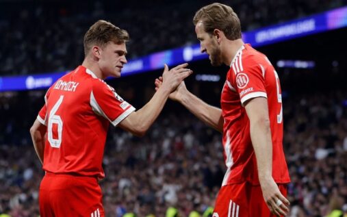 Bayern Munich players celebrating a late winning goal in the Bundesliga