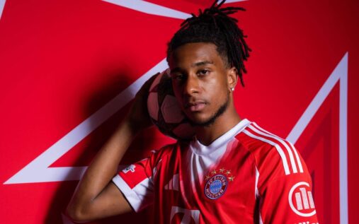 Michael Olise dribbling the ball for Bayern Munich during their Champions League match against Real Madrid at the Bernabeu.