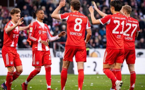 Bayern Munich players celebrating a record-breaking goal during their 5-0 win over St. Pauli