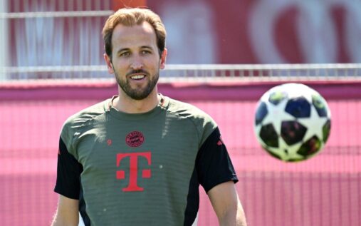 Harry Kane celebrating a goal for Bayern Munich in a Champions League match