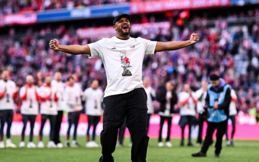 Bayern Munich manager Vincent Kompany celebrating the Bundesliga title win with his players on the pitch