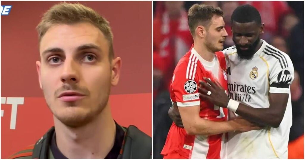 Josip Stanisic and Antonio Rudiger clashing during the Champions League match between Bayern Munich and Real Madrid