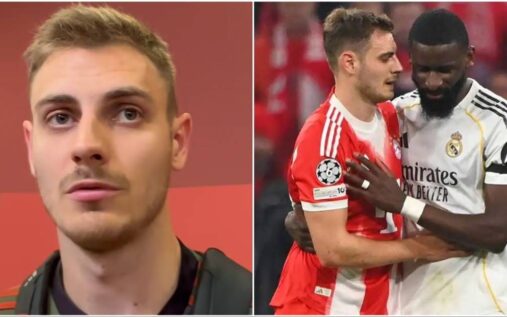 Josip Stanisic and Antonio Rudiger clashing during the Champions League match between Bayern Munich and Real Madrid