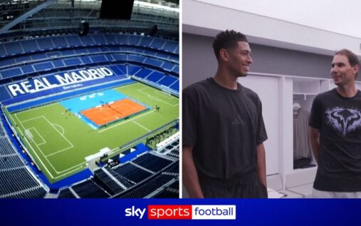 Jude Bellingham and Rafael Nadal standing together on a clay tennis court inside the Santiago Bernabeu