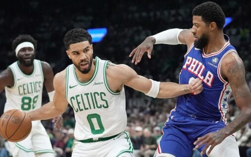Jayson Tatum handles the basketball for the Boston Celtics during their dominant Game 1 playoff win over the 76ers