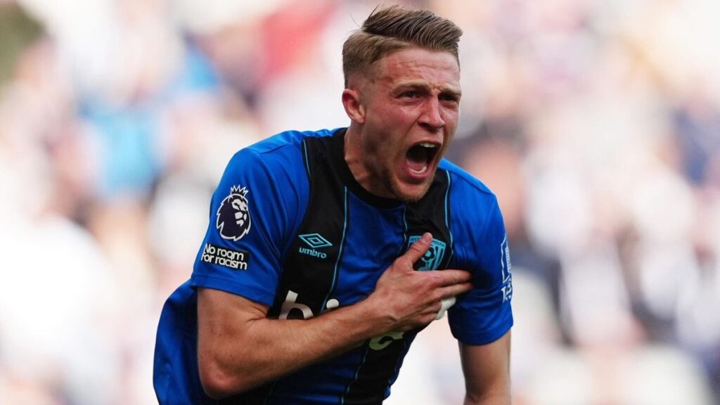 Adrien Truffert celebrates scoring Bournemouth's late winning goal against Newcastle United at St James' Park