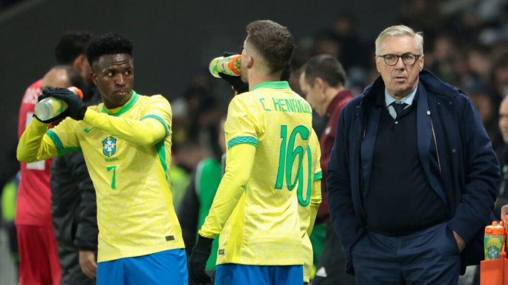 Carlo Ancelotti looking thoughtful on the touchline as the newly appointed manager of Brazil