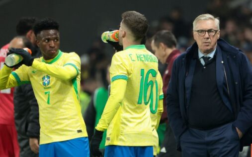 Carlo Ancelotti looking thoughtful on the touchline as the newly appointed manager of Brazil