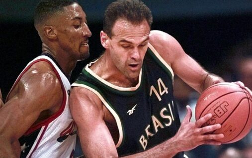 Oscar Schmidt holding a basketball while playing for the Brazil national team