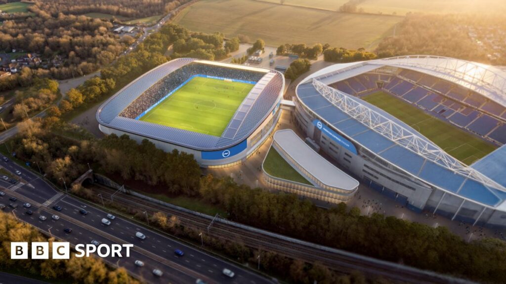 Architectural rendering of Brighton's proposed purpose-built women's football stadium next to the Amex.
