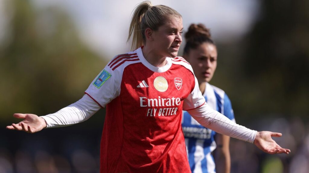 Brighton players celebrating their Women's FA Cup quarter-final victory over Arsenal