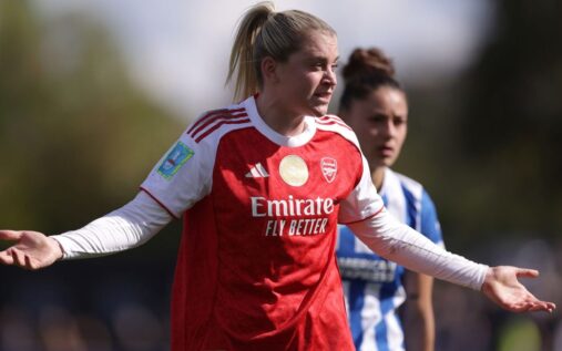 Brighton players celebrating their Women's FA Cup quarter-final victory over Arsenal