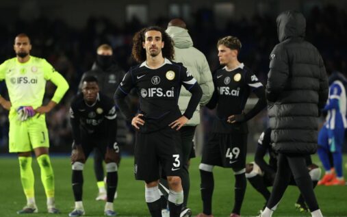 Dejected Chelsea players react to conceding a goal during their 3-0 Premier League defeat to Brighton at the Amex Stadium