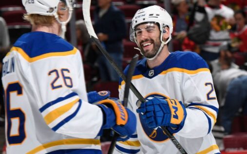 Buffalo Sabres players celebrating on the ice after winning the NHL Atlantic Division title