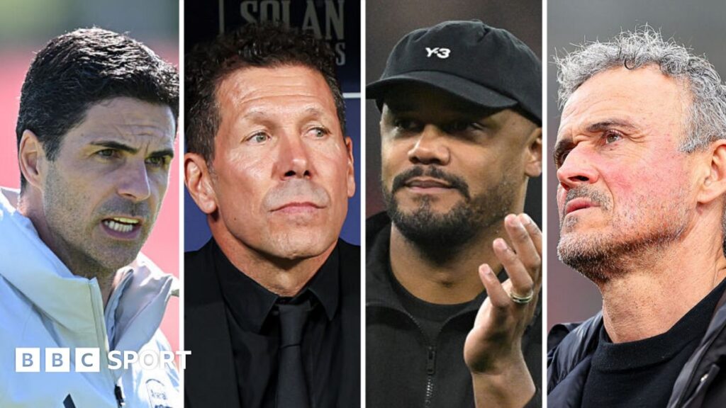 The Champions League trophy surrounded by the crests of Arsenal, Bayern Munich, Atletico Madrid and PSG