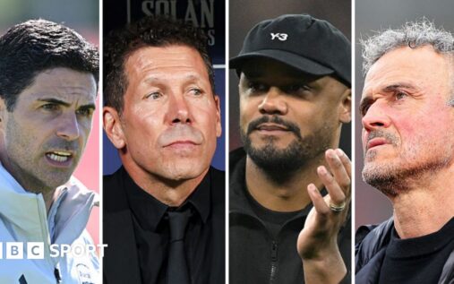 The Champions League trophy surrounded by the crests of Arsenal, Bayern Munich, Atletico Madrid and PSG
