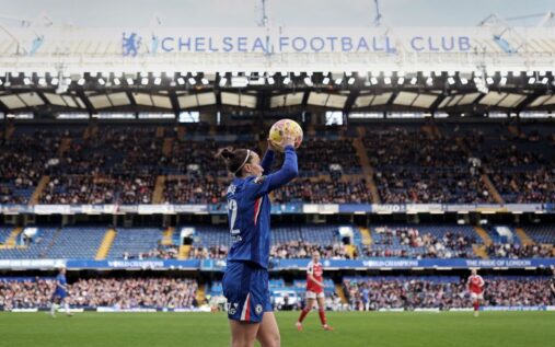 Chelsea Women players celebrating on the pitch at Stamford Bridge