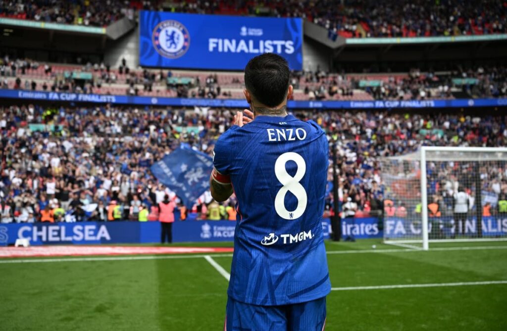 Enzo Fernandez celebrating after scoring Chelsea's winning goal against Leeds United at Wembley Stadium