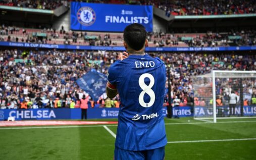 Enzo Fernandez celebrating after scoring Chelsea's winning goal against Leeds United at Wembley Stadium