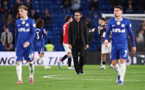 Dejected Chelsea players react to conceding a goal against Manchester United at Stamford Bridge