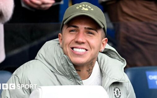 Enzo Fernandez looking serious in a Chelsea kit during a Premier League match