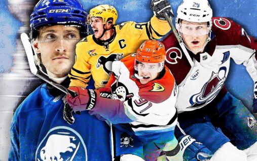 Colorado Avalanche players celebrating on the ice during an NHL match