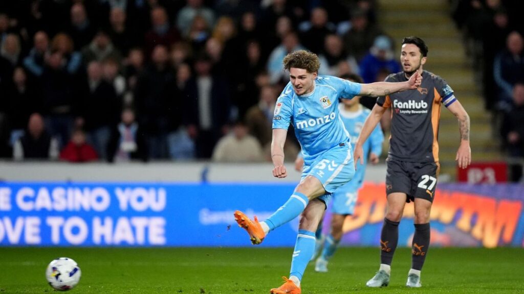 Jack Rudoni celebrating a goal for Coventry City against Derby County in the Championship