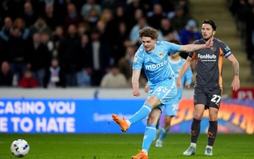 Jack Rudoni celebrating a goal for Coventry City against Derby County in the Championship