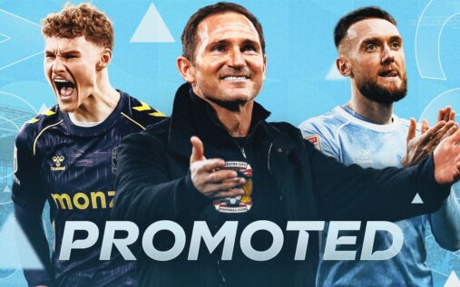 Coventry City players celebrating their promotion to the Premier League on the pitch at Ewood Park