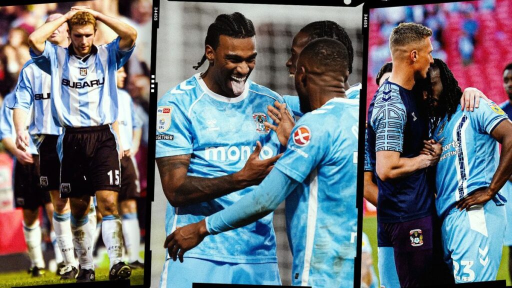 Coventry City players celebrating on the pitch as they push for promotion to the Premier League