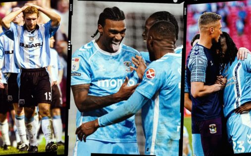 Coventry City players celebrating on the pitch as they push for promotion to the Premier League