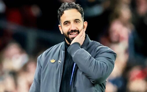 Ruben Amorim looking serious on the touchline during a Premier League match