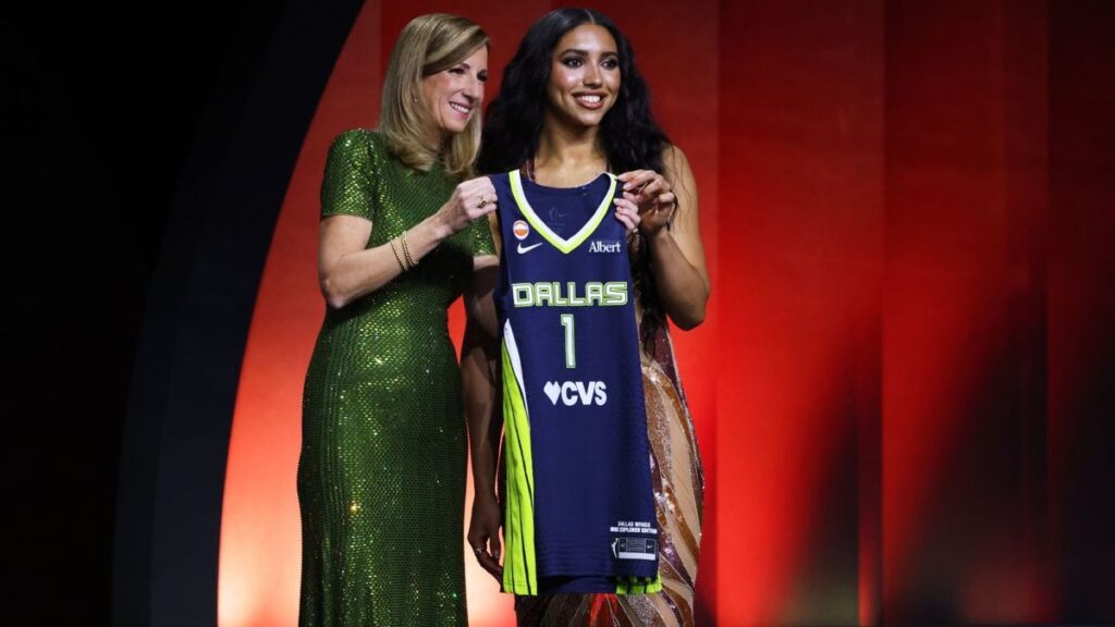 Azzi Fudd smiling after being selected as the number one overall pick by the Dallas Wings at the WNBA draft