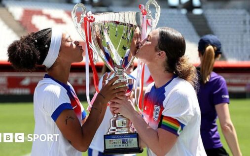 England Women Under-23s football team celebrating their victory with the European Competition trophy