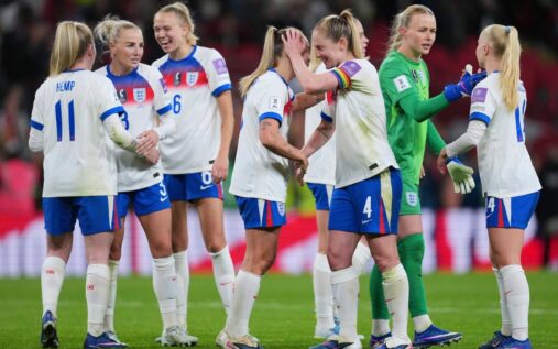 Lauren Hemp celebrating after scoring England's early winning goal against Spain