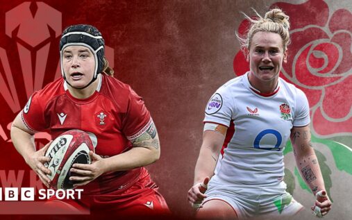 England and Wales women's rugby union players contesting a scrum during a Six Nations match