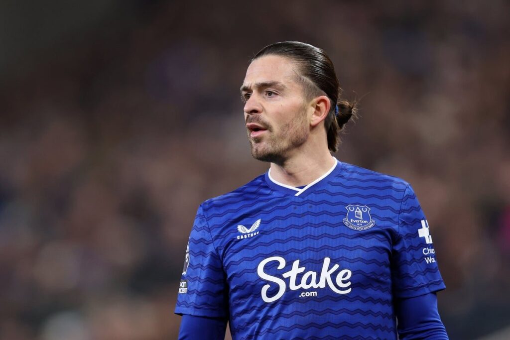 Jack Grealish wearing an Everton kit during a Premier League football match
