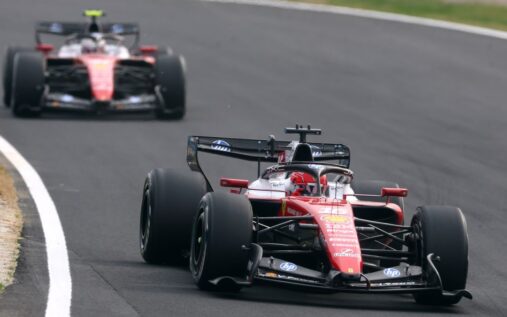 Lewis Hamilton and Charles Leclerc driving their Ferrari Formula 1 cars on track