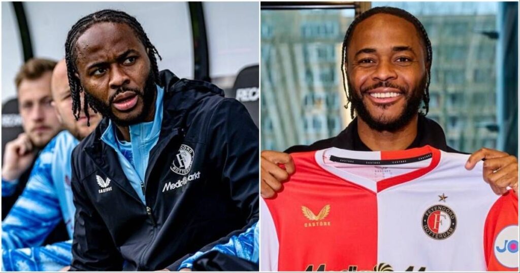 Raheem Sterling looking dejected on the pitch during a Feyenoord match