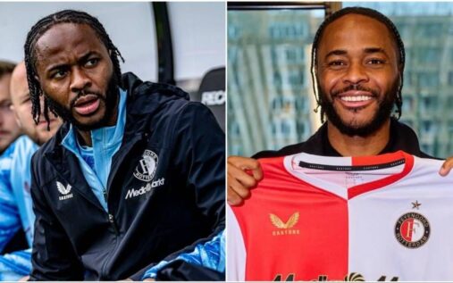 Raheem Sterling looking dejected on the pitch during a Feyenoord match